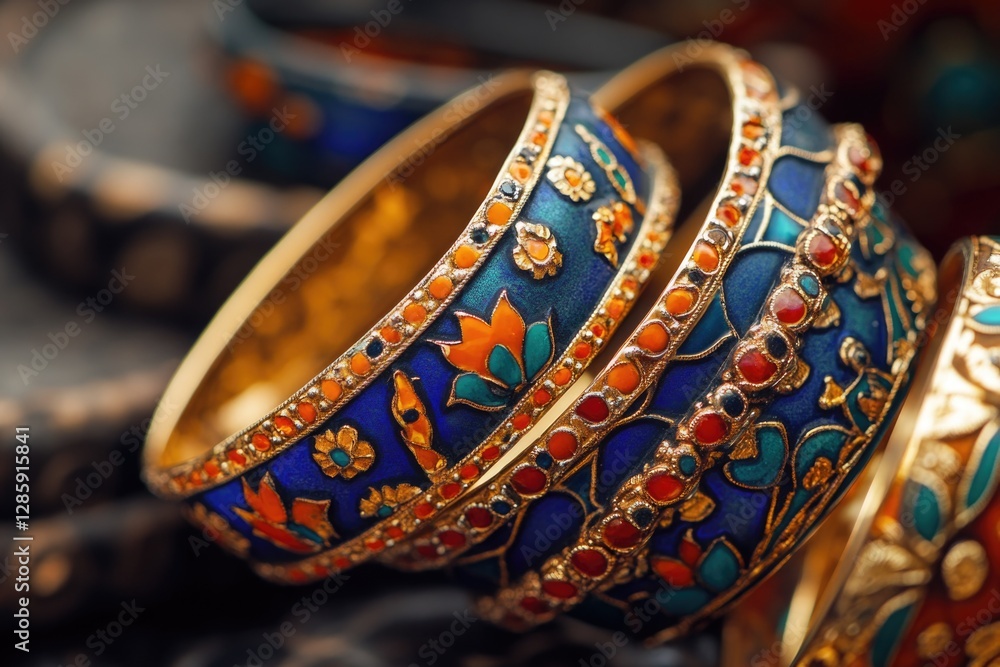 Poster a close-up shot of a variety of colorful bangles on a table, perfect for editorial or commercial use