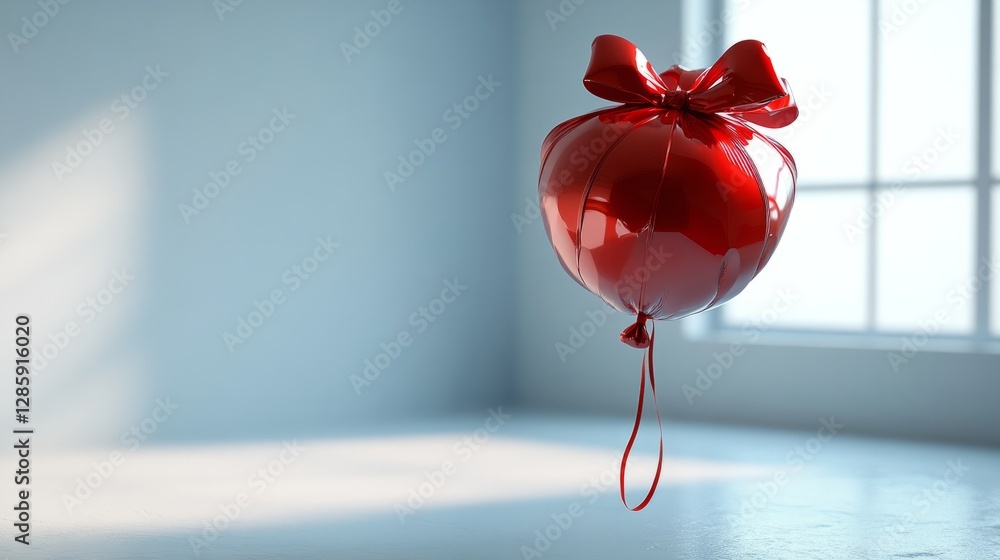 Poster a 3d model of a balloon shaped like a present box, shiny red with a bow, floating on a white backgro