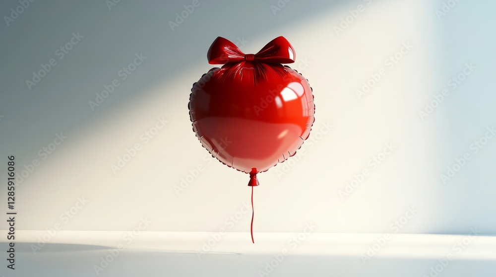 Poster a 3d model of a balloon shaped like a present box, shiny red with a bow, floating on a white backgro