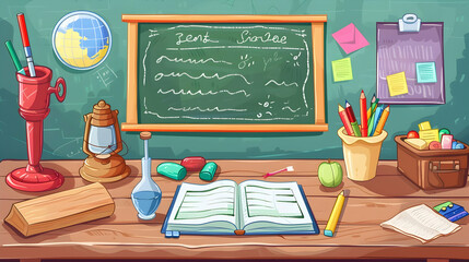 Colorful classroom scene with a chalkboard, desk items, and educational materials in view