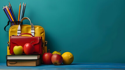 Colorful school supplies and fruits arranged on a table against a vibrant turquoise background