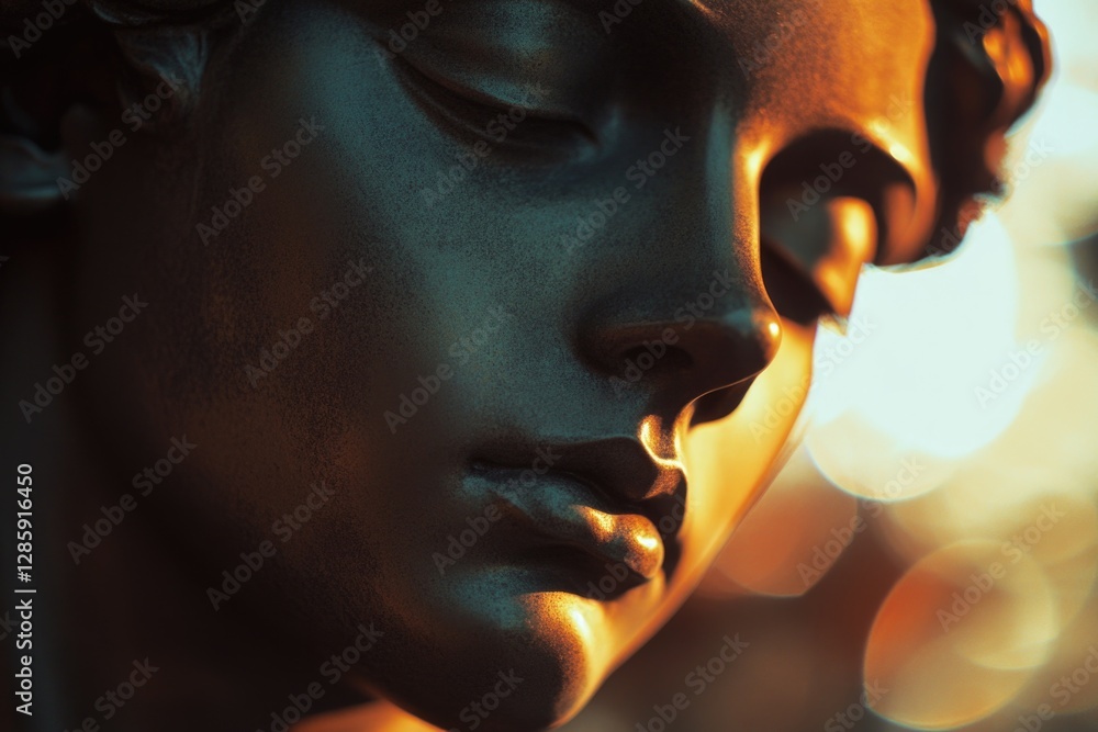 Poster a detailed view of a statue depicting a human figure, suitable for use in historical or artistic con
