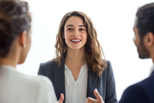 A professional woman in a business suit discussing with two men, possibly clients or colleagues