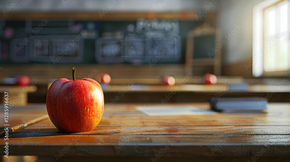 Poster a close-up of a red apple on a wooden desk in an empty classroom with a chalkboard