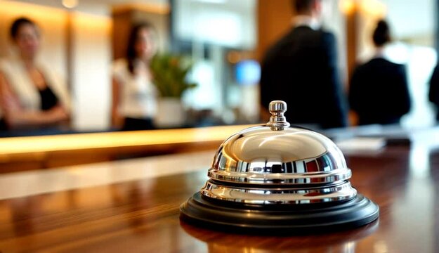 A polished hotel bell gleams on a wooden counter, with staff attending to guests in the background.

