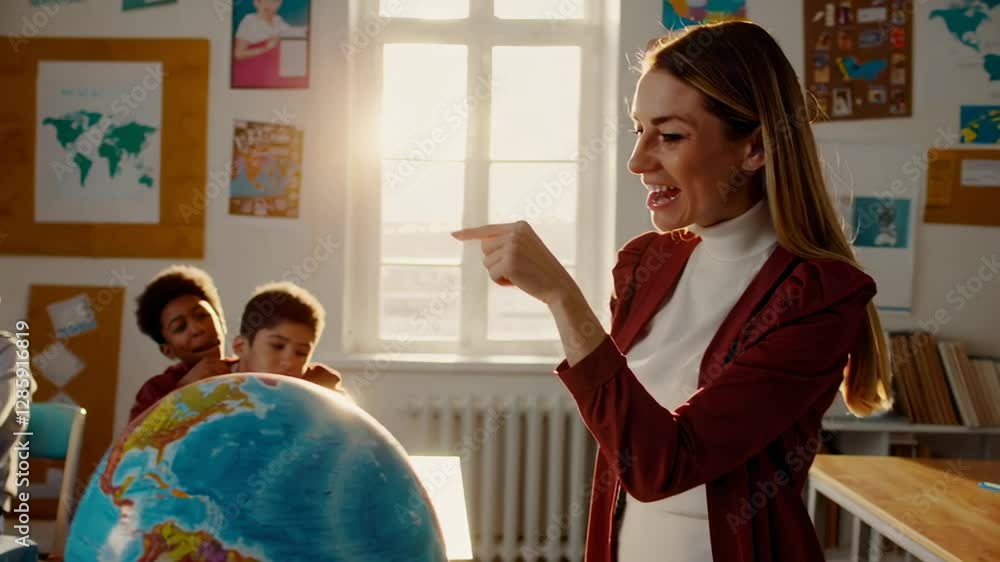 Poster geography teacher showing different locations on planet earth globe to her elementary school multi e