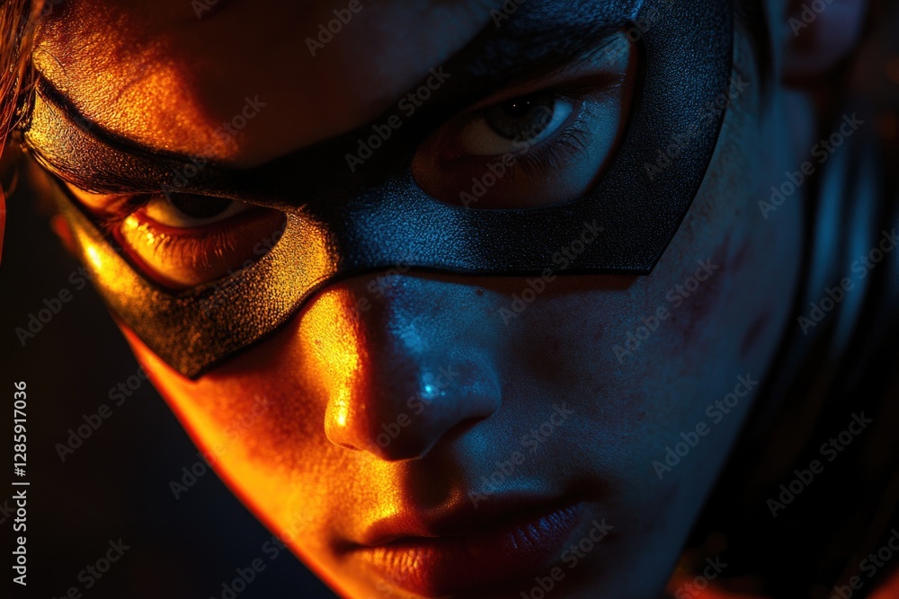 Poster a close-up shot of a person wearing a mask, great for use in editorial or commercial contexts where 