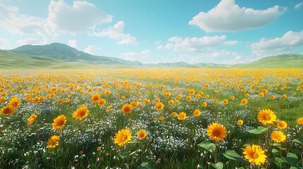Fototapeta premium Expansive Field of Glowing Sunflowers Under Vibrant Blue Sky