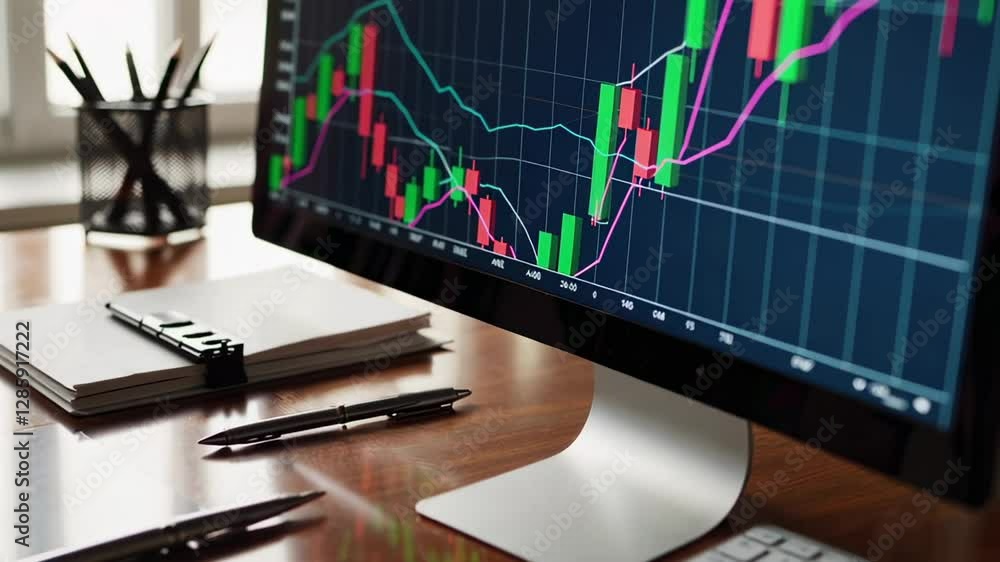 Poster financial data analysis showing stock market fluctuations on a computer screen, accompanied by noteb