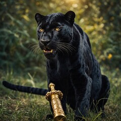 An elegant black panther with a golden scepter in its mouth, its eyes glowing with wisdom and authority.