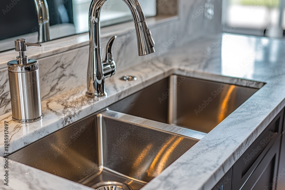 Poster a close-up shot of a kitchen sink with two faucets and a soap dispenser, ideal for use in interior d