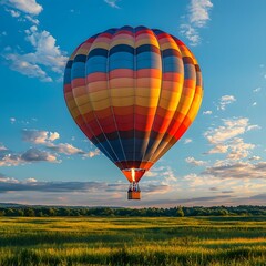 Fototapeta premium Glowing and Vibrant Hot Air Balloon Soaring Over Tranquil Open Field Under Bright Blue Sky