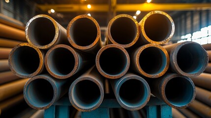 Stack of pipes with a dark blue color. The pipes are stacked on top of each other