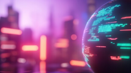 Digital globe in neon city lights