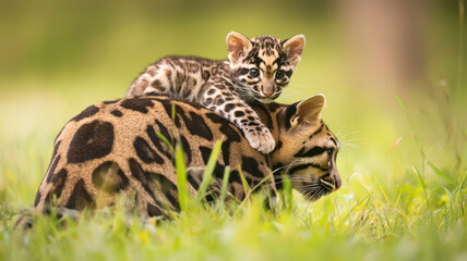A playful baby clouded leopard climbs onto its father&rsquo;s back, gripping his fluffy fur with tiny paws as he stands calmly in a sunlit field of green grass and swaying wildflowers.