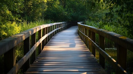 Fototapeta premium Walking on the Wooden Footbridge Through Lush Green Forest Path