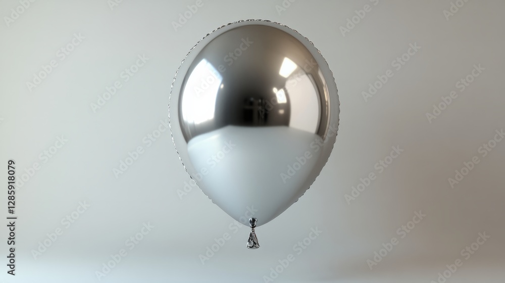 Poster a 3d model of a round balloon, smooth silver, placed against a white background with diffused lighti