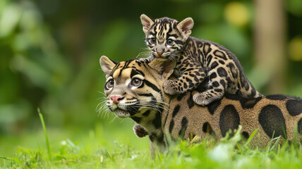 A playful baby clouded leopard climbs onto its father’s back, gripping his fluffy fur with tiny paws as he stands calmly in a sunlit field of green grass and swaying wildflowers.
