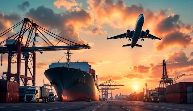 A cargo port at sunset with a docked ship, cranes, trucks, and an airplane overhead.

