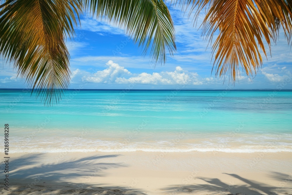Poster a tranquil scene of the ocean viewed from underneath a palm tree, ideal for use in travel or nature-