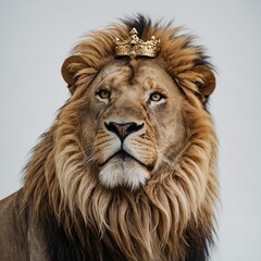 A lion wearing a golden crown, standing tall with a flowing mane, regal and powerful, against a pure white background.