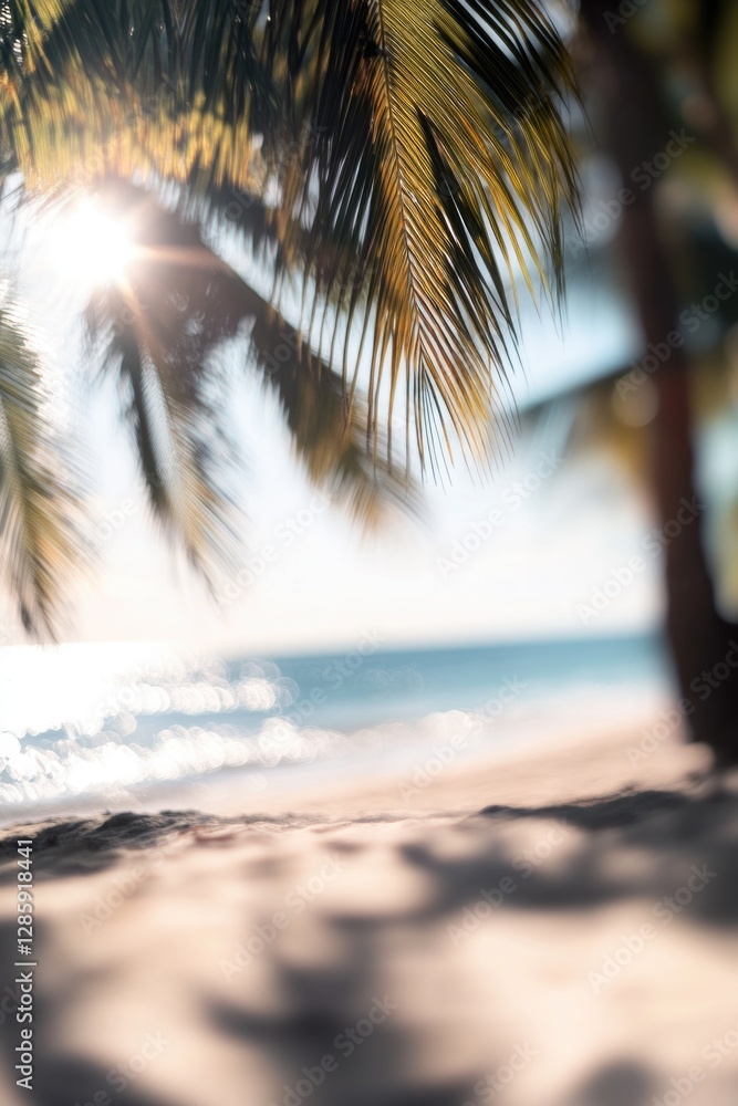 Poster a serene beach scene with palm trees swaying in the breeze, set against a stunning ocean backdrop