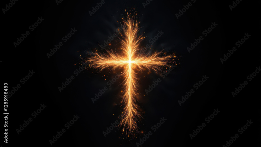 Poster christian cross with sparkles and explosion effect against a dark background.