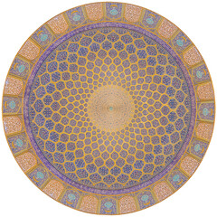 A detailed view of the intricate, cut-out ceiling of Sheikh Lotfollah Mosque in Isfahan, showcasing Persian tilework and geometric patterns. 