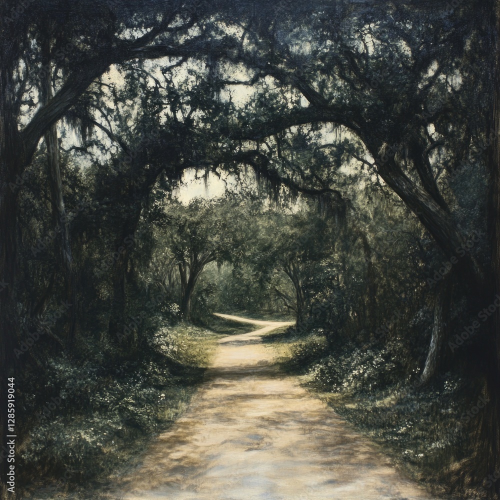 Poster a scenic view of a dirt road surrounded by trees, ideal for use as a background or landscape