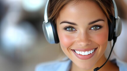 Beautiful woman wearing headset smiling looking at the camera