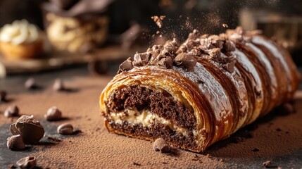 A delicious-looking chocolate pastry with a bite missing, perfect for food or dessert imagery