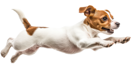 Playful dog jumps energetically in mid-air, capturing joy and excitement during a spirited moment of fun