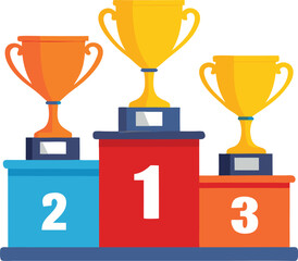 Winners podium with trophy cups