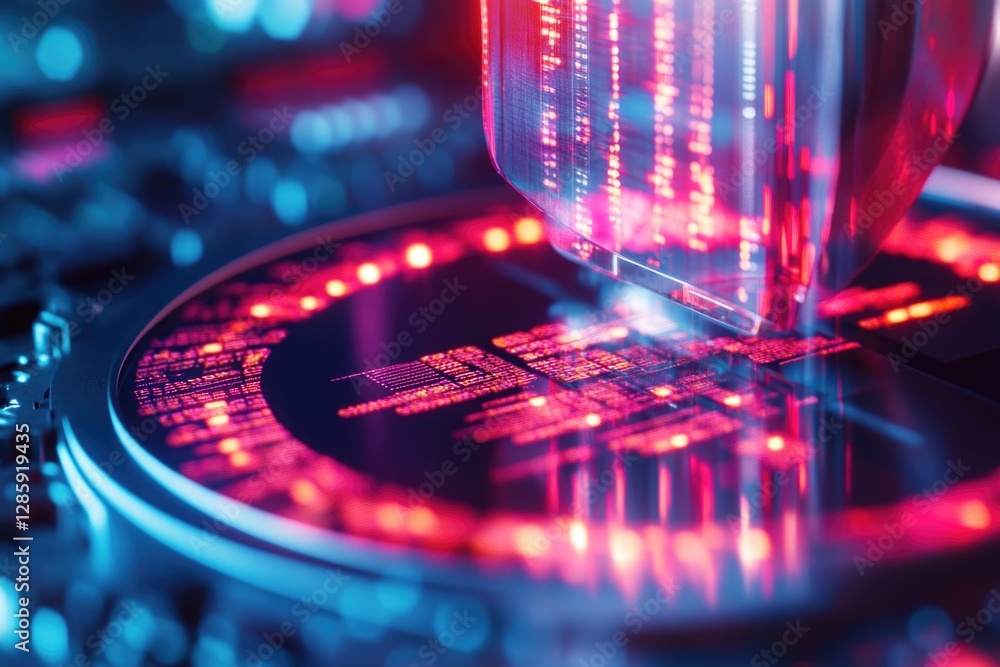 Poster a close-up view of a computer chip with red lights, suitable for technology and electronics-related 