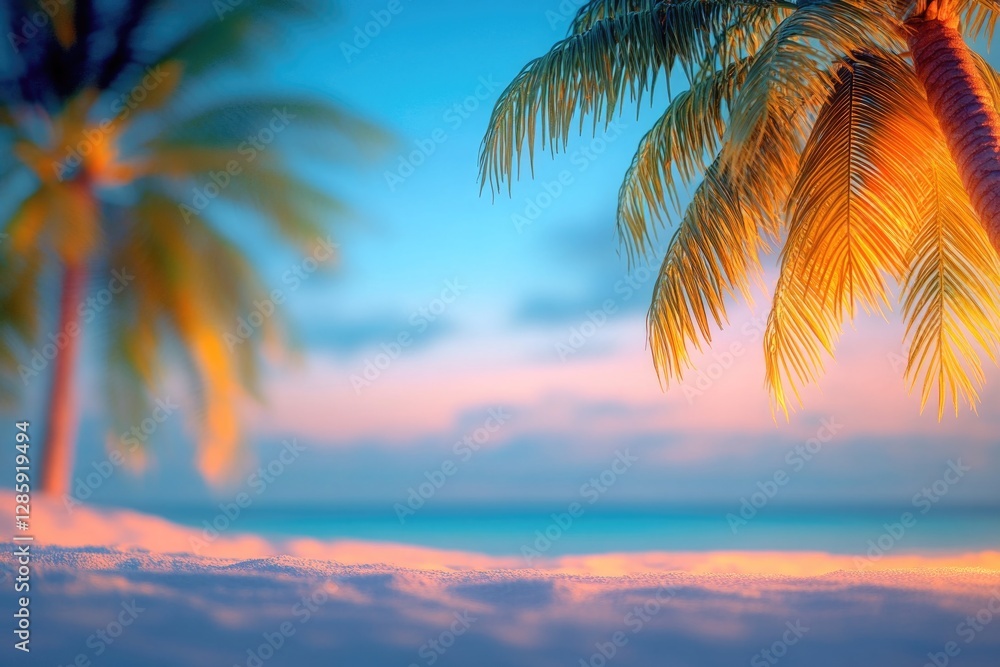 Poster A serene scene of two palm trees standing tall on a beach as the sun sets in the background