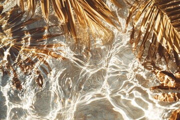 A close-up view of a palm tree partially submerged in calm water