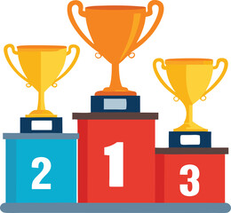 Winners podium with trophy cups