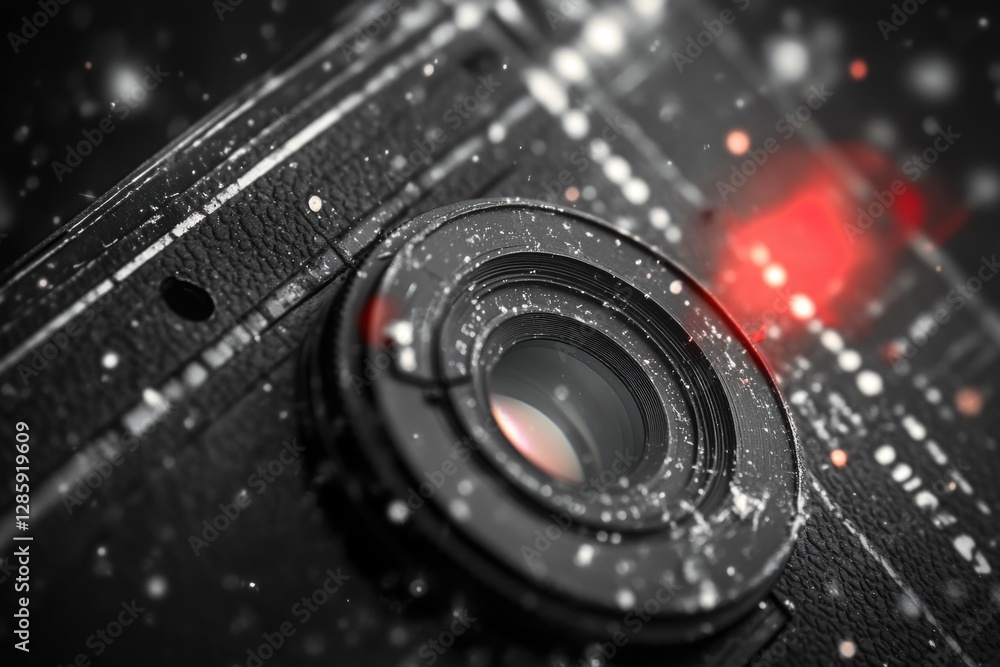 Poster a close-up shot of a black camera with a red light indicator turned on