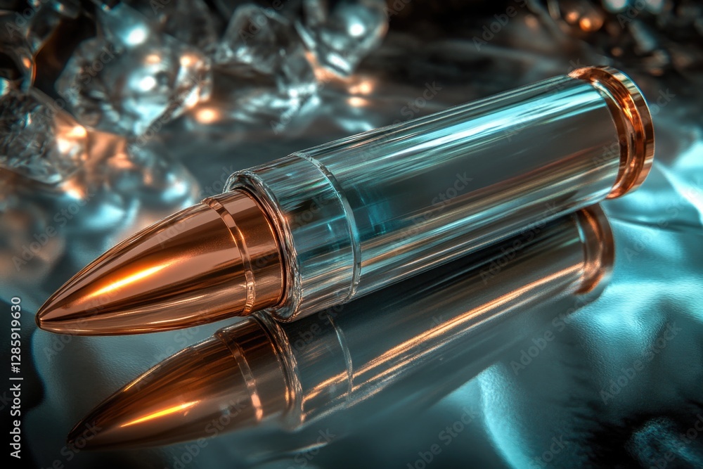 Poster A stylized bullet-shaped object sits on a table, ready for use