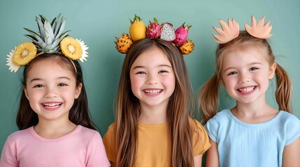 Group smiling children wearing fruit crowns against mint green background. Creative kids portrait with pineapples, tropical fruits. Friendship, summer fun concept. Children's party. Horizontal banner
