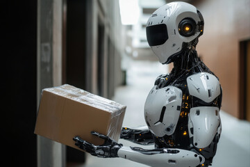 Fototapeta premium Robot delivery concept futuristic package handling in modern office space
