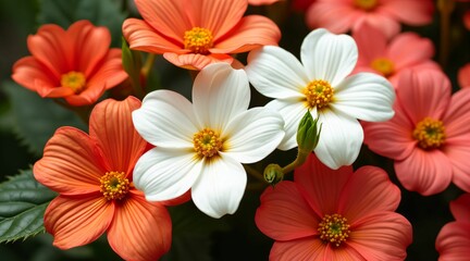 Fototapeta premium A lush garden displays a captivating arrangement of orange and white flowers under bright sunlight. The blooms create a lively and cheerful atmosphere typical of mid-spring.