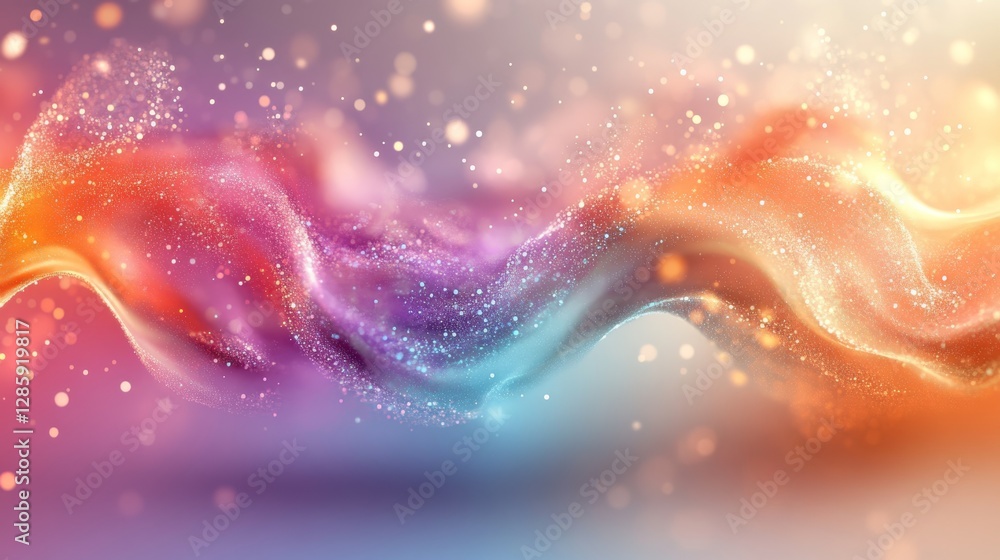 Poster colorful abstract swirling fluid with bokeh and particle effects