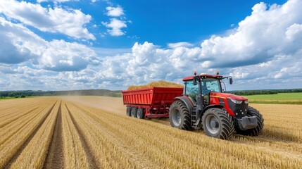 Obraz premium Red Tractor Collecting Wheat Harvest in Golden Field Under Bright Blue Sky with Fluffy Clouds