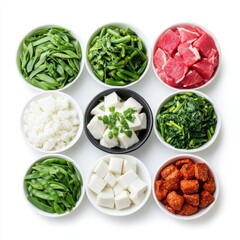 Fresh Ingredients for Healthy Cooking with Variety of Vegetables, Meat, Tofu, and Spices in Bowls