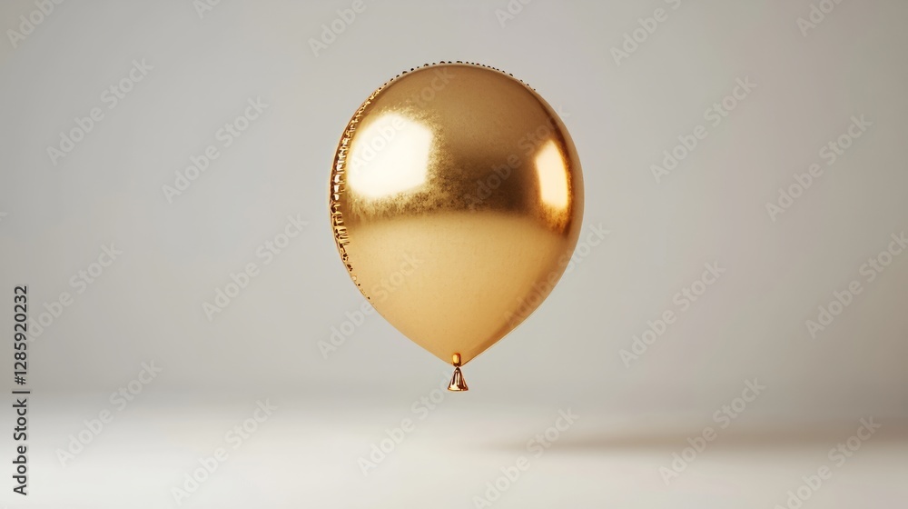 Poster a 3d render of a round balloon in shimmering gold, floating against a white background with subtle l