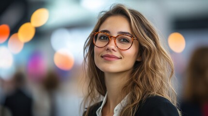 A beautiful woman wearing glasses smiles at the camera