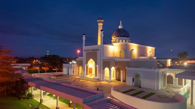 Time lapse of the Airport Mosque in Brunei International Airport seen at night
