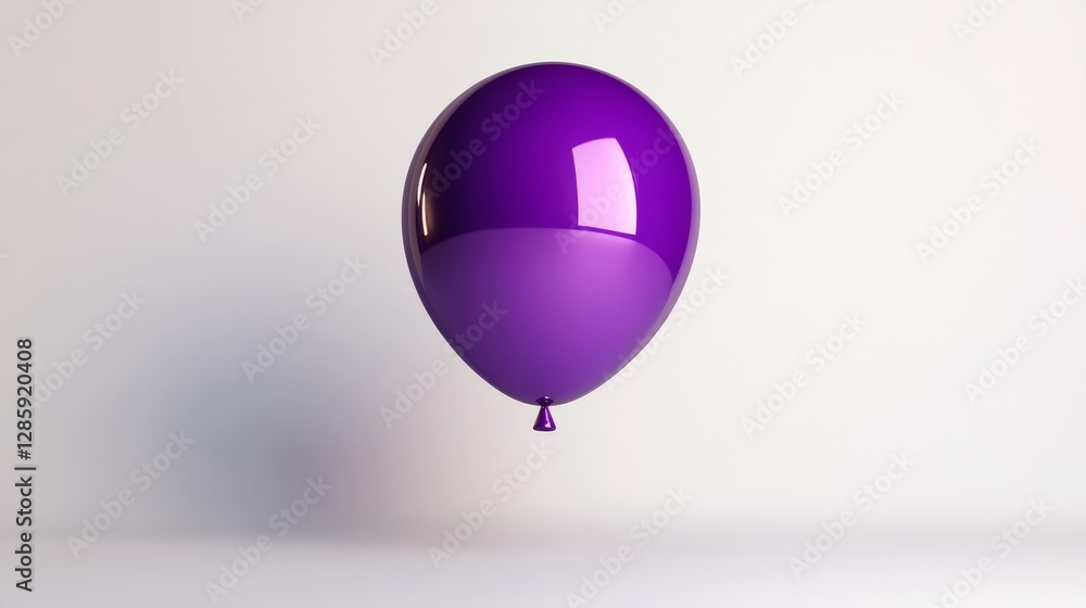 Poster a 3d render of a round balloon in shiny purple, floating against a white background with ambient lig