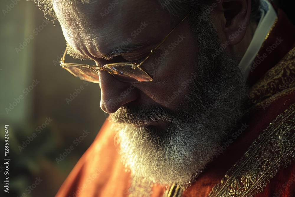 Poster a close-up portrait of a man with a beard and glasses, great for use in editorial or commercial cont